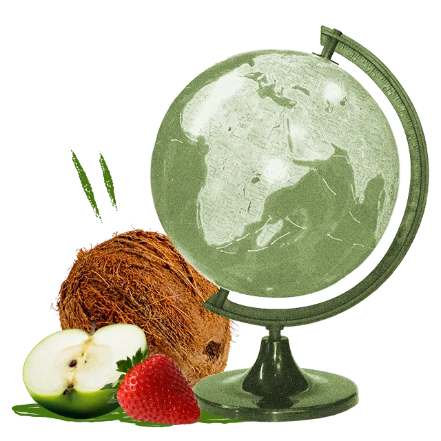Apfel, Erdbeere und Kokosnüsse neben einem Globus